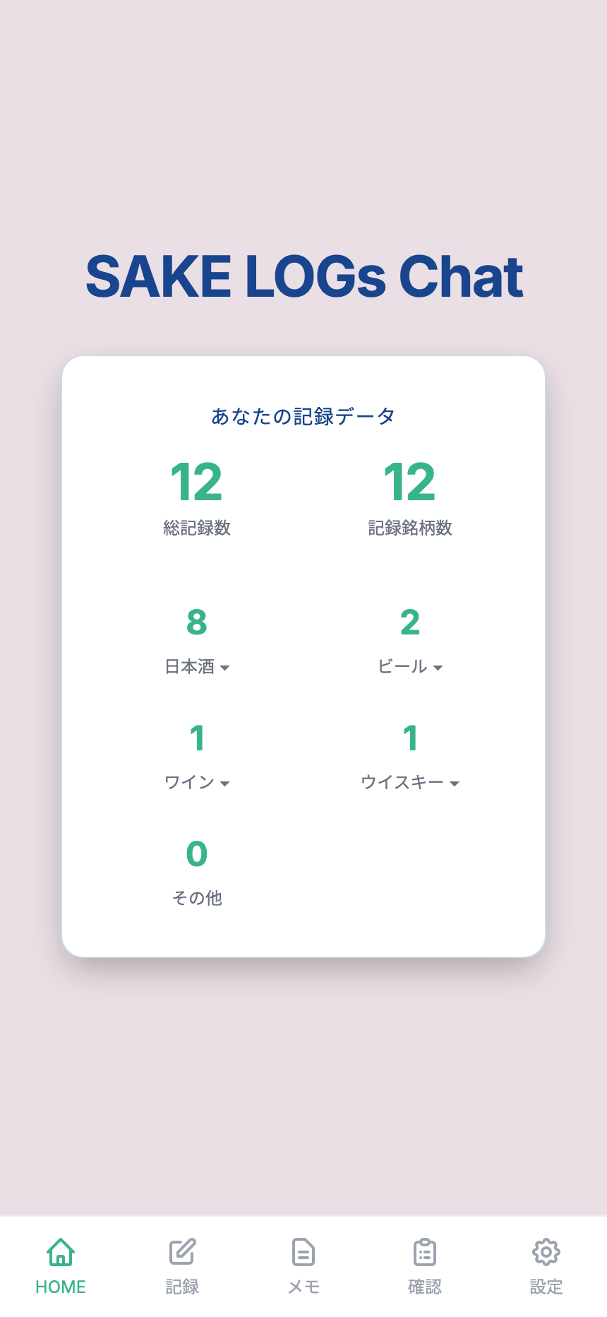 SAKE LOGs Chat のHOME画面。記録の統計サマリー